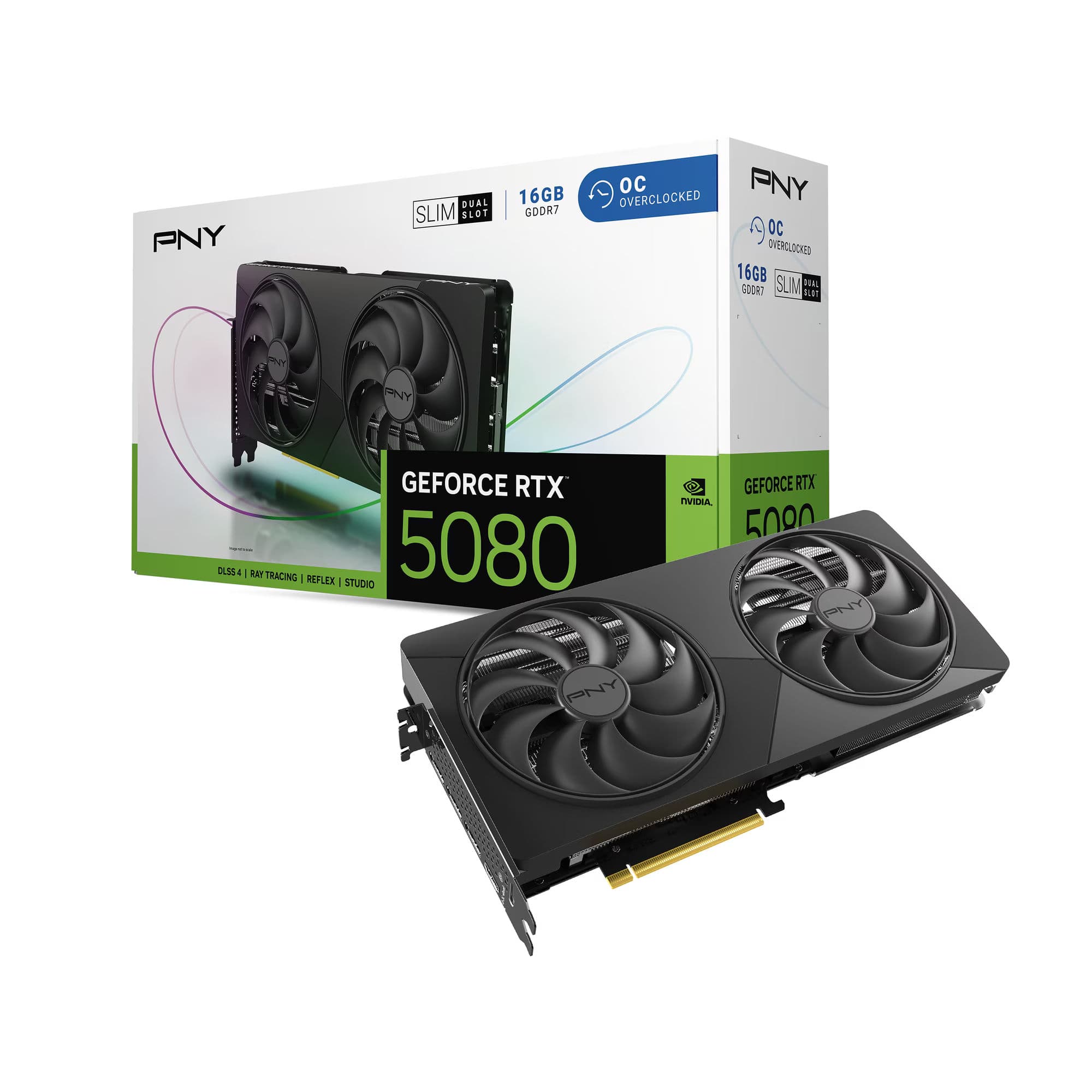 PNY NVIDIA GeForce RTX™ 5080 Slim Dual-Fan, Dual-Slot OC Graphics Card (16GB GDDR7, 256-bit, Boost Speed: 2730 MHz, PCIe® 5.0, HDMI®/DP 2.1, NVIDIA Blackwell Architecture, DLSS 4.5